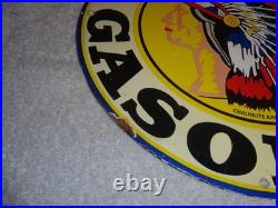 VINTAGE 11 3/4 in TIOGA GASOLINE INDIAN CHIEF PORCELAIN METAL KANSAS OIL SIGN