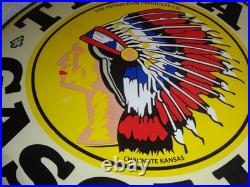 VINTAGE 11 3/4 in TIOGA GASOLINE INDIAN CHIEF PORCELAIN METAL KANSAS OIL SIGN