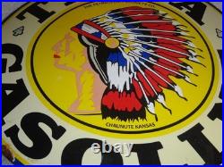 VINTAGE 11 3/4 in TIOGA GASOLINE INDIAN CHIEF PORCELAIN METAL KANSAS OIL SIGN
