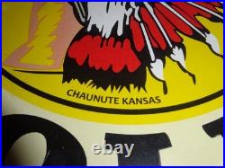 VINTAGE 11 3/4 in TIOGA GASOLINE INDIAN CHIEF PORCELAIN METAL KANSAS OIL SIGN