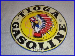 VINTAGE 11 3/4 in TIOGA GASOLINE INDIAN CHIEF PORCELAIN METAL KANSAS OIL SIGN