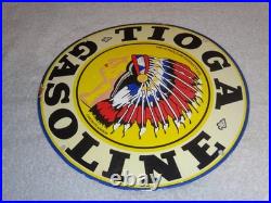 VINTAGE 11 3/4 in TIOGA GASOLINE INDIAN CHIEF PORCELAIN METAL KANSAS OIL SIGN