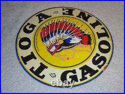 VINTAGE 11 3/4 in TIOGA GASOLINE INDIAN CHIEF PORCELAIN METAL KANSAS OIL SIGN