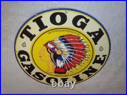 VINTAGE 11 3/4 in TIOGA GASOLINE INDIAN CHIEF PORCELAIN METAL KANSAS OIL SIGN