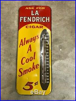 VINTAGE 1940's LA FENDRICH CIGAR METAL ADVERTISING THERMOMETER, RARE 25x 9.5