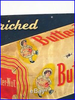 VINTAGE 1940s BUTTER NUT BREAD GROCERY STORE GAS OIL 18 EMBOSSED METAL SIGN