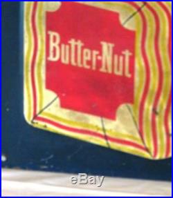 VINTAGE 1940s BUTTER NUT BREAD GROCERY STORE GAS OIL 18 EMBOSSED METAL SIGN