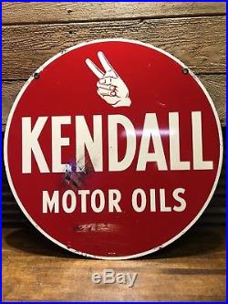 VINTAGE 1940s KENDALL MOTOR OIL GAS STATION 2 SIDED 24 METAL SIGN Gas Oil Curb