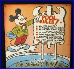 VINTAGE 1950's HAND PAINTED MICKEY MOUSE POOL RULES METAL SIGN