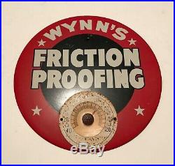 VINTAGE 1950s WYNNS OIL FRICTION PROOFING METAL ADVERTISING SIGN THERMOMETER