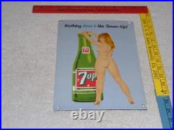VINTAGE 7UP GORGEOUS FEMALE With SEVEN UP BOTTLE 12 PORCELAIN METAL SODA GAS SIGN