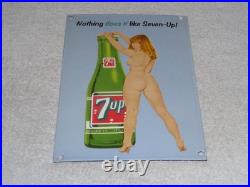 VINTAGE 7UP GORGEOUS FEMALE With SEVEN UP BOTTLE 12 PORCELAIN METAL SODA GAS SIGN