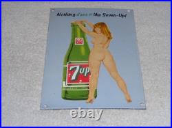 VINTAGE 7UP GORGEOUS FEMALE With SEVEN UP BOTTLE 12 PORCELAIN METAL SODA GAS SIGN