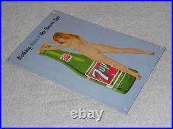 VINTAGE 7UP GORGEOUS FEMALE With SEVEN UP BOTTLE 12 PORCELAIN METAL SODA GAS SIGN