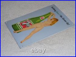 VINTAGE 7UP GORGEOUS FEMALE With SEVEN UP BOTTLE 12 PORCELAIN METAL SODA GAS SIGN