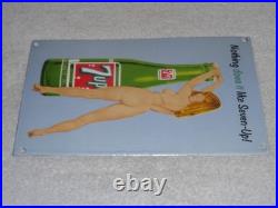 VINTAGE 7UP GORGEOUS FEMALE With SEVEN UP BOTTLE 12 PORCELAIN METAL SODA GAS SIGN