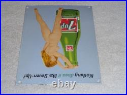 VINTAGE 7UP GORGEOUS FEMALE With SEVEN UP BOTTLE 12 PORCELAIN METAL SODA GAS SIGN
