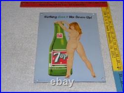VINTAGE 7UP GORGEOUS FEMALE With SEVEN UP BOTTLE 12 PORCELAIN METAL SODA GAS SIGN