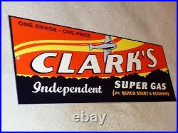 VINTAGE CLARK'S SUPER GAS With AIRPLANE 16 METAL GASOLINE & OIL SIGN PUMP PLATE