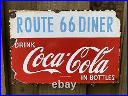 VINTAGE Coca Cola Porcelain Route 66 Diner Metal Gas & Oil Restaurant Coke Sign