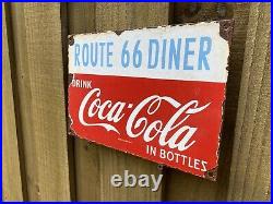 VINTAGE Coca Cola Porcelain Route 66 Diner Metal Gas & Oil Restaurant Coke Sign