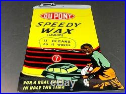 VINTAGE DUPONT SPEEDY WAX CAN With BLACK AMERICANA BOY 12 METAL GASOLINE OIL SIGN