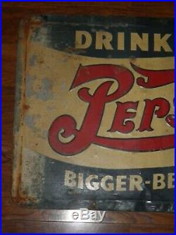 VINTAGE Drink Pepsi Cola 5 Cent Embossed Metal Sign Bigger-Better 22 x 40 RARE