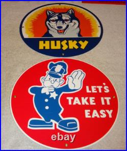 VINTAGE FORD POLICE +HUSKY GASOLINE With DOG 11 3/4 PORCELAIN METAL SIGN LOT OF 2