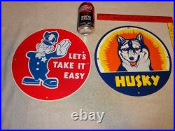 VINTAGE FORD POLICE +HUSKY GASOLINE With DOG 11 3/4 PORCELAIN METAL SIGN LOT OF 2