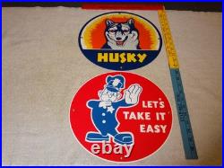 VINTAGE FORD POLICE +HUSKY GASOLINE With DOG 11 3/4 PORCELAIN METAL SIGN LOT OF 2