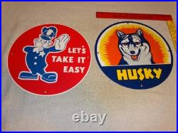 VINTAGE FORD POLICE +HUSKY GASOLINE With DOG 11 3/4 PORCELAIN METAL SIGN LOT OF 2