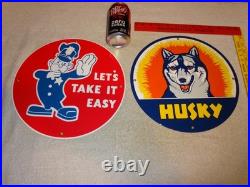 VINTAGE FORD POLICE +HUSKY GASOLINE With DOG 11 3/4 PORCELAIN METAL SIGN LOT OF 2