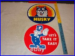VINTAGE FORD POLICE +HUSKY GASOLINE With DOG 11 3/4 PORCELAIN METAL SIGN LOT OF 2