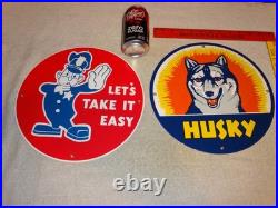VINTAGE FORD POLICE +HUSKY GASOLINE With DOG 11 3/4 PORCELAIN METAL SIGN LOT OF 2