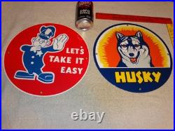VINTAGE FORD POLICE +HUSKY GASOLINE With DOG 11 3/4 PORCELAIN METAL SIGN LOT OF 2