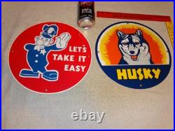 VINTAGE FORD POLICE +HUSKY GASOLINE With DOG 11 3/4 PORCELAIN METAL SIGN LOT OF 2