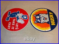 VINTAGE FORD POLICE +HUSKY GASOLINE With DOG 11 3/4 PORCELAIN METAL SIGN LOT OF 2