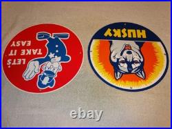 VINTAGE FORD POLICE +HUSKY GASOLINE With DOG 11 3/4 PORCELAIN METAL SIGN LOT OF 2