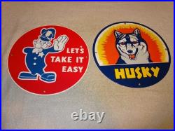VINTAGE FORD POLICE +HUSKY GASOLINE With DOG 11 3/4 PORCELAIN METAL SIGN LOT OF 2