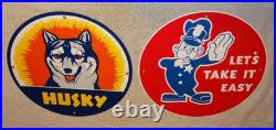 VINTAGE FORD POLICE +HUSKY GASOLINE With DOG 11 3/4 PORCELAIN METAL SIGN LOT OF 2