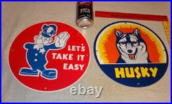 VINTAGE FORD POLICE +HUSKY GASOLINE With DOG 11 3/4 PORCELAIN METAL SIGN LOT OF 2