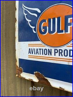 VINTAGE Gulf Aircraft Porcelain LARGE Aviation Air Plane Metal Gas & Oil Sign