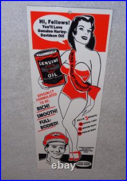VINTAGE HARLEY DAVIDSON MOTORCYCLES WOMAN With LG OIL CANS 15 METAL GASOLINE SIGN