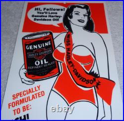 VINTAGE HARLEY DAVIDSON MOTORCYCLES WOMAN With LG OIL CANS 15 METAL GASOLINE SIGN