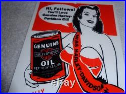 VINTAGE HARLEY DAVIDSON MOTORCYCLES WOMAN With LG OIL CANS 15 METAL GASOLINE SIGN