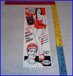 VINTAGE HARLEY DAVIDSON MOTORCYCLES WOMAN With LG OIL CANS 15 METAL GASOLINE SIGN