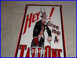 VINTAGE HEY! GIVE ME A TALL ONE With MAN +SODA 14.5 PORCELAIN METAL GASOLINE SIGN