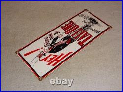 VINTAGE HEY! GIVE ME A TALL ONE With MAN +SODA 14.5 PORCELAIN METAL GASOLINE SIGN