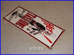 VINTAGE HEY! GIVE ME A TALL ONE With MAN +SODA 14.5 PORCELAIN METAL GASOLINE SIGN