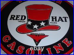 VINTAGE INDEPENDENT OIL & RED HAT GASOLINE With BIRD 11 1/4 PORCELAIN METAL SIGN